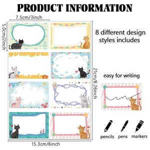 Detailed dimensions and product sizes for 8 unique cat themed writable name stickers
