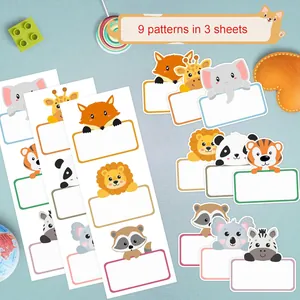 Detailed view of 9 cartoon animal patterns in 3 sheets of self-adhesive name labels