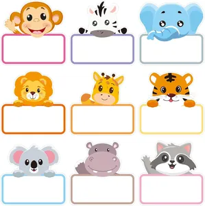 Detailed view of nine cute cartoon animal name tags featuring blank writing spaces