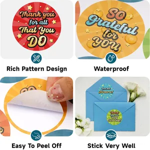 Detail view of colorful 5cm teacher reward stickers showing waterproof and easy peel features.