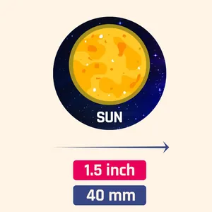 Detail view of 1.5 inch sun planet sticker with starry background for children