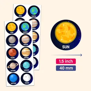 Size guide for solar system planet stickers showing 40mm diameter