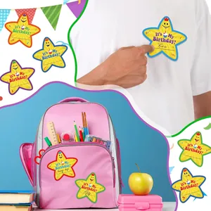 Usage scenario showing birthday star stickers on a pink backpack and white T-shirt