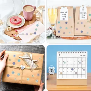 Detail view of colorful smile face reward stickers used on gift wrap and desk calendars