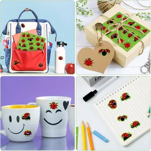 Detailed views of ladybug stickers used for decorating backpacks, cups and notebooks