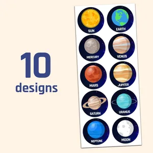 Detailed set of 10 solar system planet stickers with clear English body names for kids