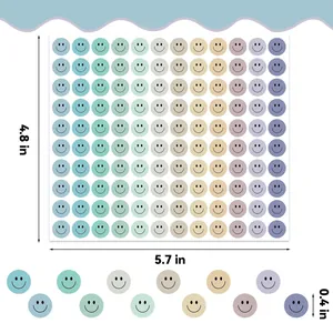 Detailed view showing 4.8x5.7 inch sheet of 0.4 inch colorful smiley face reward stickers.