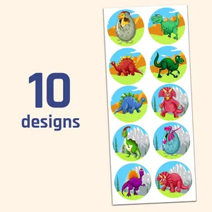 Detailed macro view showing 10 vibrant cartoon dinosaur sticker designs for children