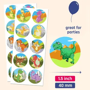 Detailed macro view of 1.5-inch dinosaur-themed stickers for kids party decorations