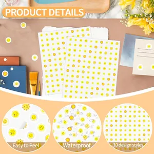 Detailed view of cute yellow sun smiley face stickers featuring waterproof and easy-peel properties.