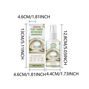 Gedetailleerde afmetingen van JAKEHOE 100ml tentverfrisser spray en de verpakking.