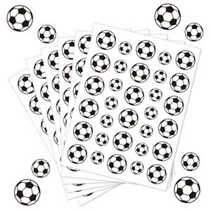 Detail view showing multiple sheets of waterproof soccer ball stickers in various sizes