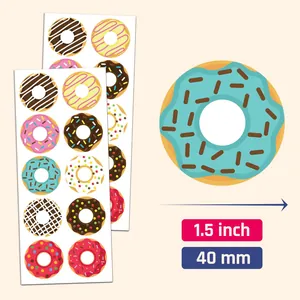 Detailed view of various colorful donut sticker set showing 1.5 inch and 40 mm size measurements
