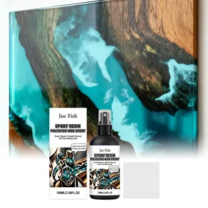 Epoxy resin polishing spray bottle and box with microfiber cloth on wood art background