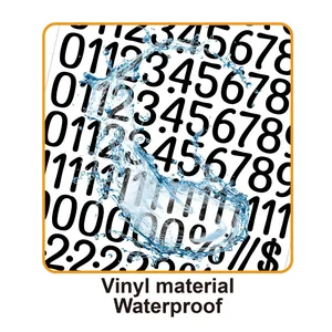 Detailed view of waterproof vinyl number stickers featuring a dynamic water splash effect
