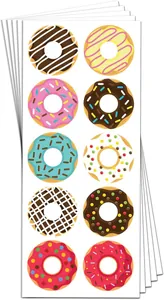 Detailed view of colorful donut sticker sheets with various frosting and sprinkle designs.
