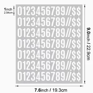 Detail showing 1-inch waterproof number stickers with precise dimension labels.