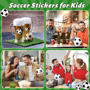 Collage showing waterproof soccer ball stickers applied on faces, mugs, and clothing for kids.