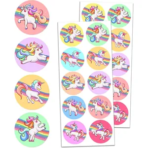 Sheet of 3.8cm round unicorn and rainbow stickers with colorful pastel backgrounds