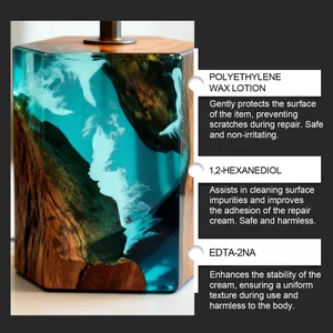 Detailed macro view of epoxy resin polishing spray applied on wood and blue resin product