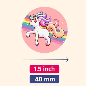 Detail view showing the 1.5 inch and 40 mm diameter of the colorful unicorn rainbow sticker