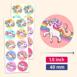 Detail showing the 1.5-inch diameter size for the colorful unicorn stickers set