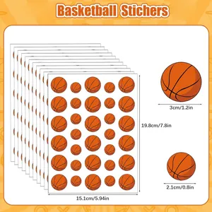 Detailed view showing dimensions for waterproof basketball stickers in multiple sizes for kids