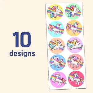 Detail showing 10 different cute rainbow unicorn sticker designs for kids crafts.