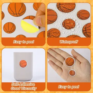 Detail view of waterproof basketball stickers showing easy peel and strong adhesion features