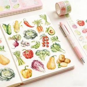 Vista detallada de pegatinas de verduras en acuarela para decoración de álbumes de recortes