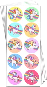 Sheet of circular colorful unicorn and rainbow stickers for kids birthday gift decorations