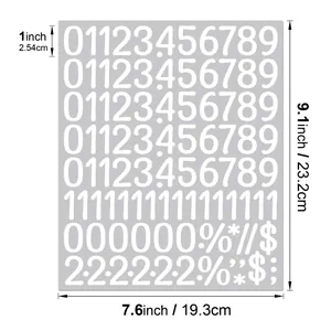 Detailed dimension sheet for 1-inch waterproof number stickers and symbols in white