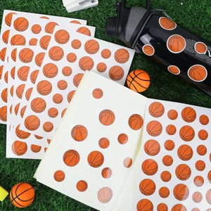 Multi-size basketball stickers applied on a water bottle and notebook for decoration