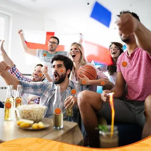 Basketball themed waterproof stickers on sports fans in a cheering game day scene
