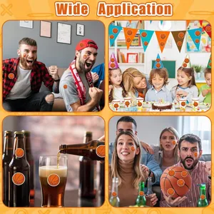 Collage showing versatile basketball stickers used on party decor, faces, and bottles