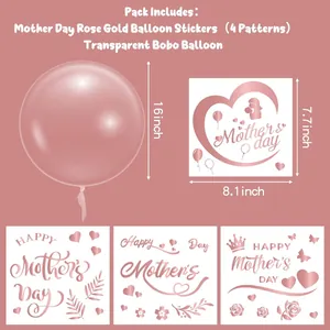 Vue détaillée du kit ballon Bobo Fête des Mères incluant 4 modèles de stickers or rose
