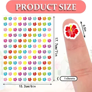 Detalle de la hoja de mini pegatinas de flores de hibisco de 0,5 pulgadas con medidas