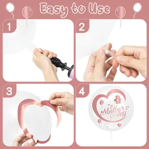 Guide en quatre étapes montrant comment appliquer des autocollants fête des mères sur ballons.