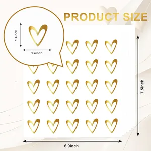 Detailed dimensions of gold foil heart stickers showing 1.4 inch individual size.