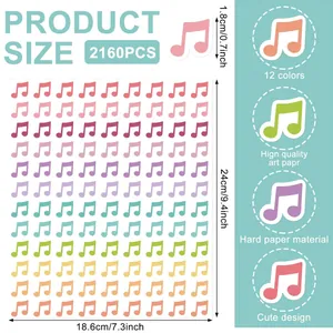 Infographic showing size and features of 2160pcs music note stickers for DIY journal