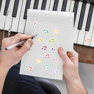 Detailed close-up view of colorful musical note stickers on a notepad and piano keys