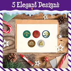 Detailed macro view of five elegant gold-stamped Merry Christmas stickers for holiday cards