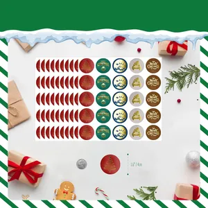 Detailed macro of 1.6 inch gold foil Merry Christmas round stickers for gift wrapping