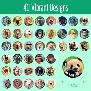 Detailed collection of 40 vibrant animal reward stickers with 1 inch size measurement