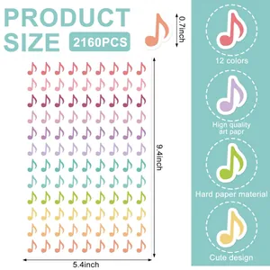 Detailed size specifications for 2160pcs colorful music note stickers on high quality art paper