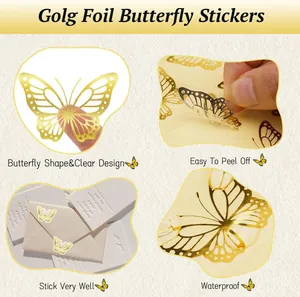 Detail view of gold foil butterfly stickers showing clear design and easy peel feature.