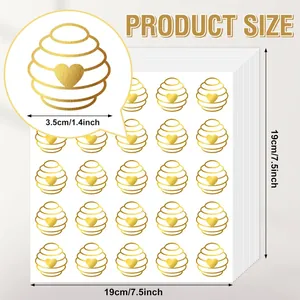 Gold foil heart beehive sticker sheet dimensions and individual seal size detail view