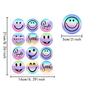 Detail view of 5cm holographic smiley face stickers with size measurements