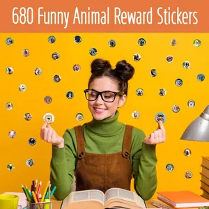 Close-up of 680 funny animal reward stickers with motivational words for students