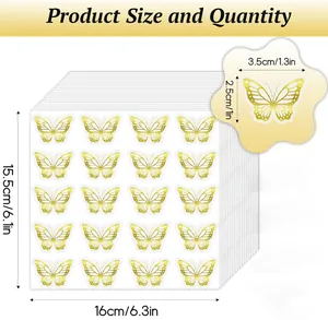 Detailed dimensions of golden butterfly stickers for envelope seals and gift packaging.
